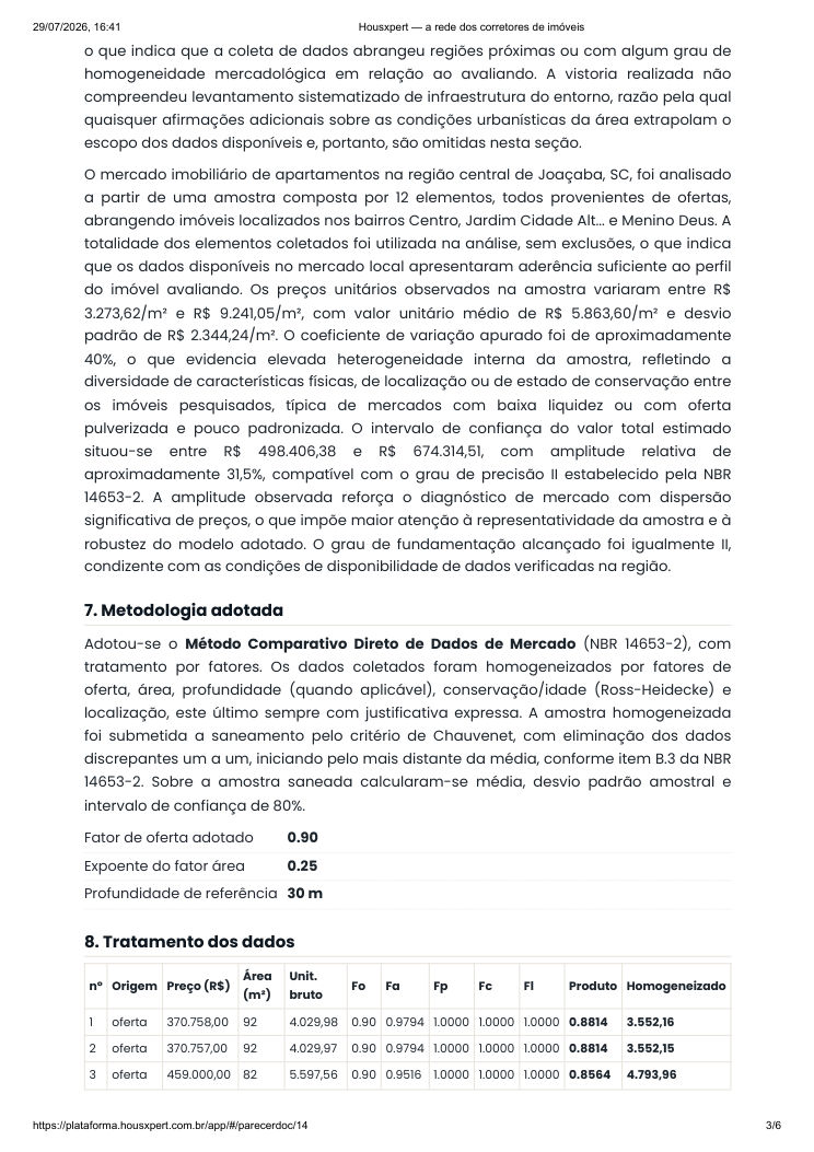 Metodologia adotada e início da tabela de homogeneização