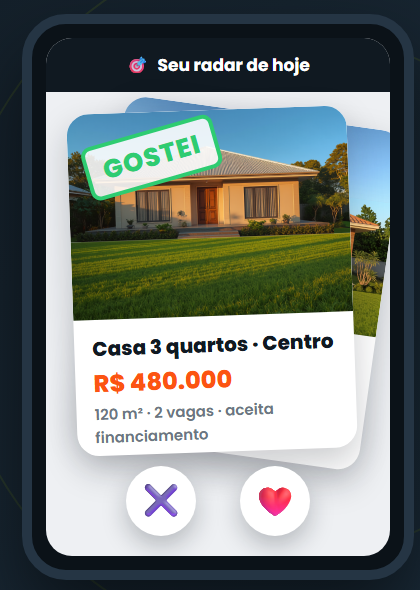 Tela do Radar Xpert no celular do cliente: um imóvel do perfil dele, com os botões de curtir e descartar